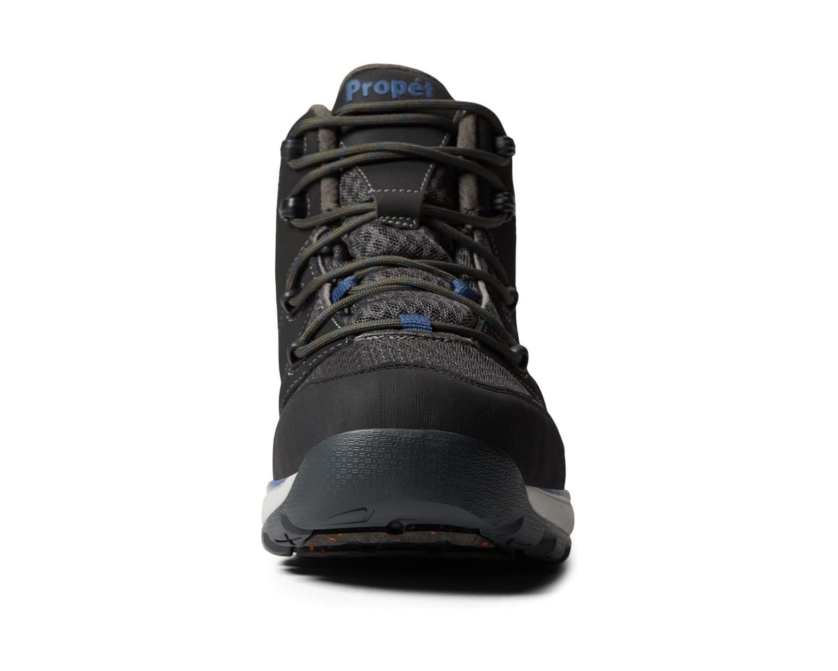 Men's Propet Veymont lace-up hiking shoes, rear view, black with blue logo patch