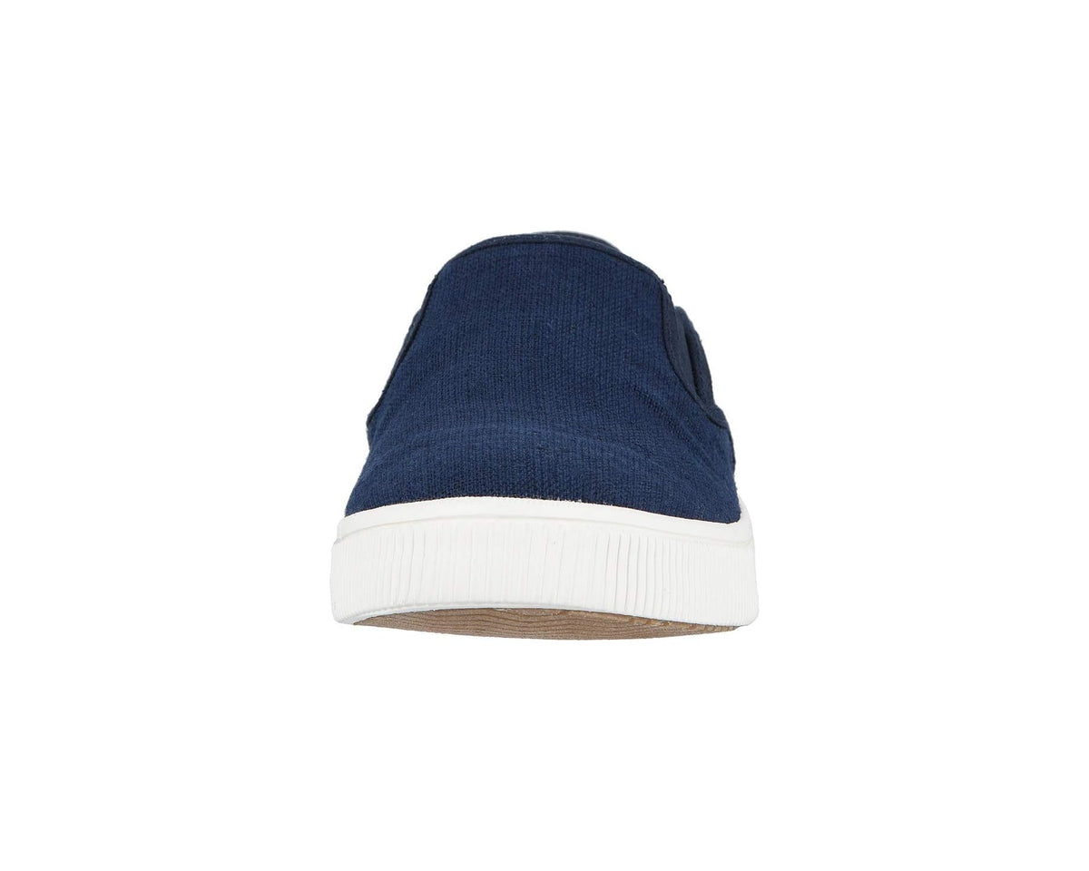 Men's TOMS navy canvas slip-on sneaker heel view with white rubber sole