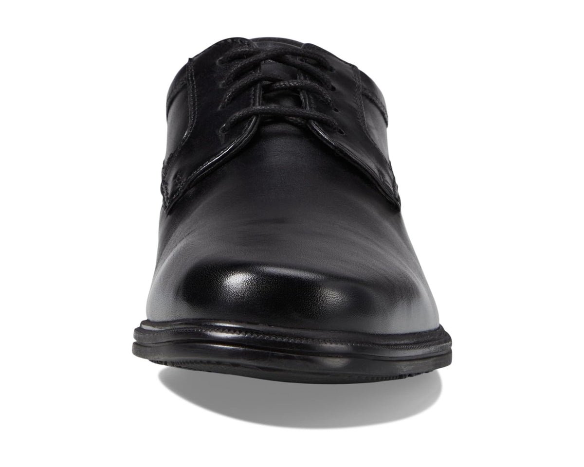 Black waterproof oxford front view with round plain toe and lace closure