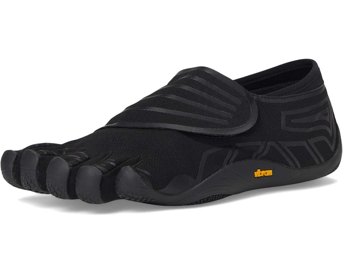 Black five-toe slip-on Vibram Groundplay shoe, front/side view with toe openings