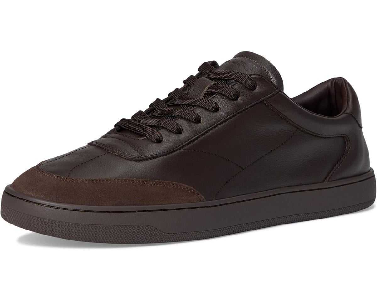 Brown lace-up low-top sneakers with suede toe and smooth leather upper