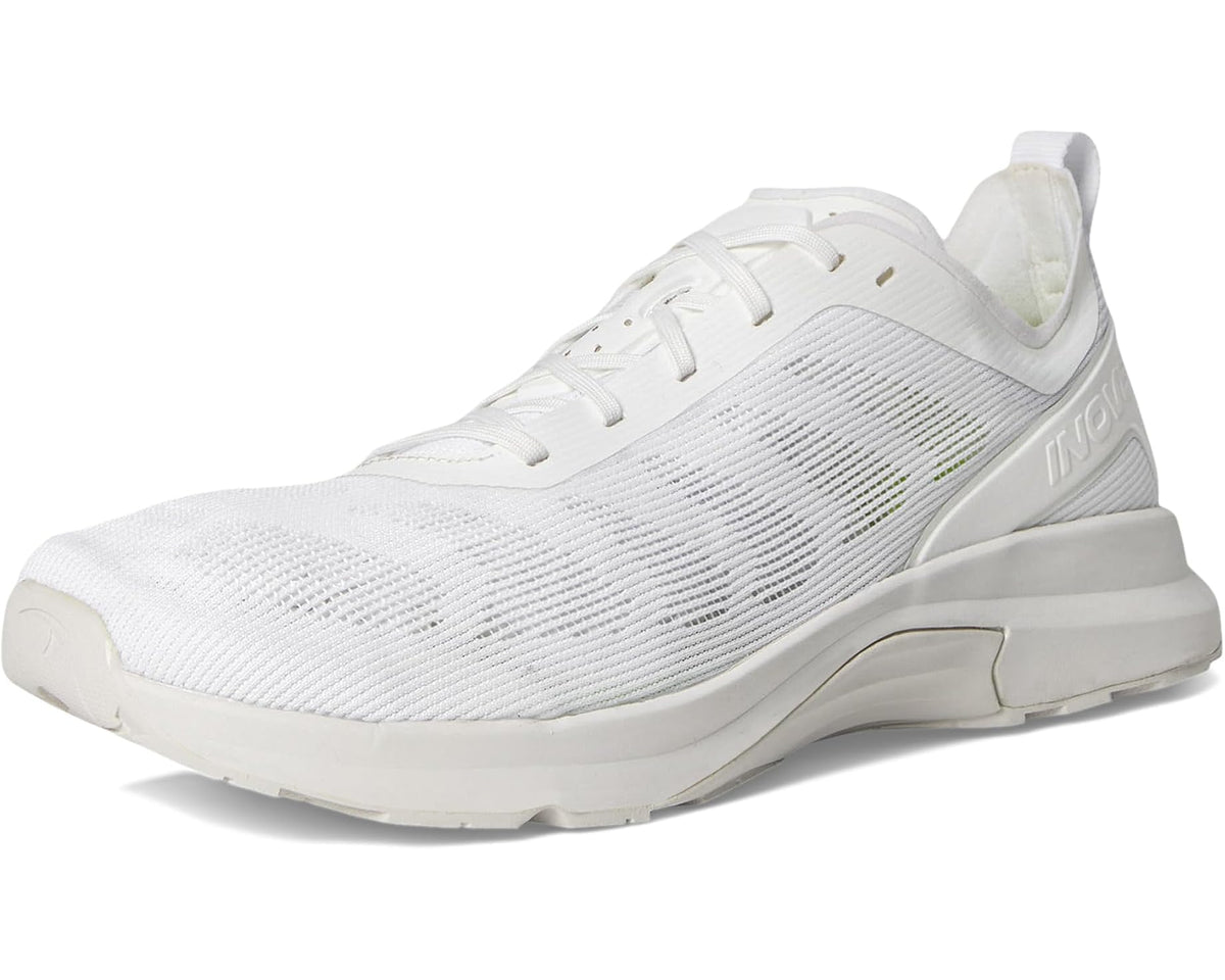 White men's running sneaker with streamlined knit upper and cushioned rubber sole