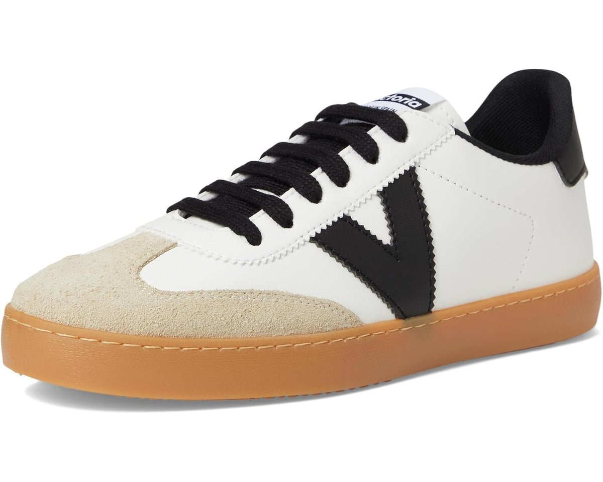 Unisex low-top sneakers with white upper, black side logo, beige suede, tan gum sole
