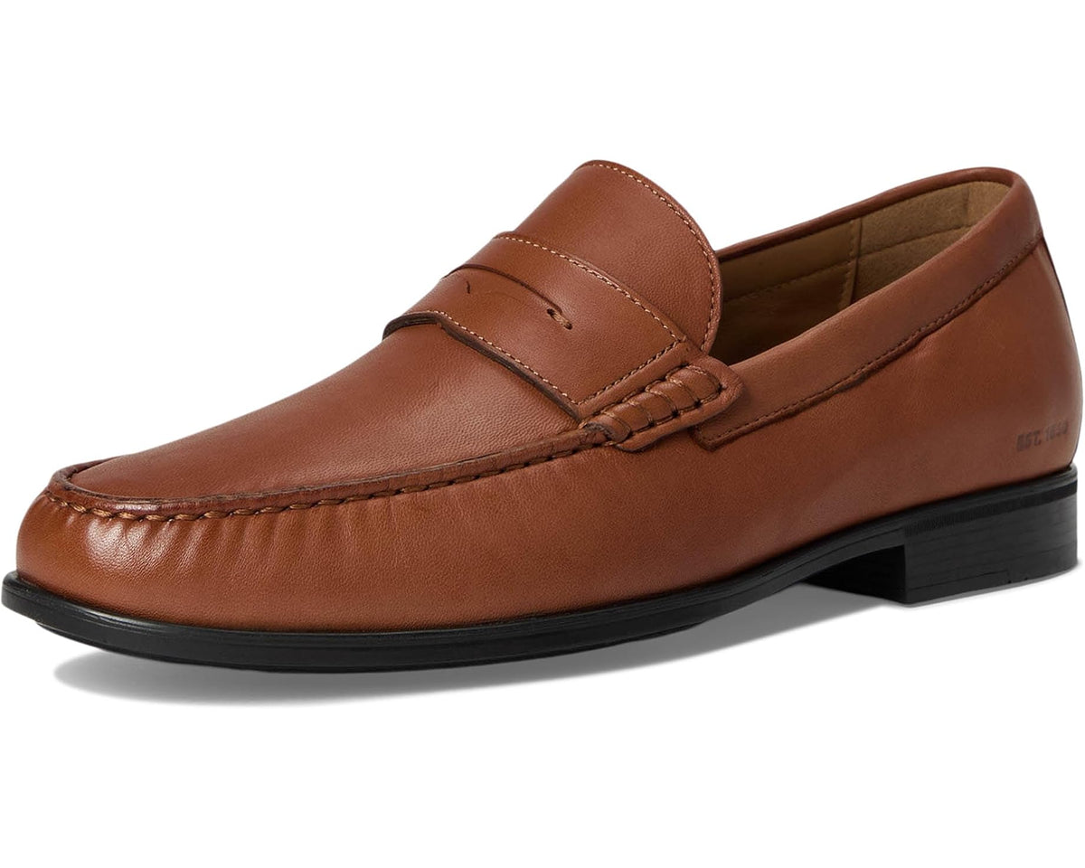 Cognac leather penny loafer with strap detail and moc-toe stitching