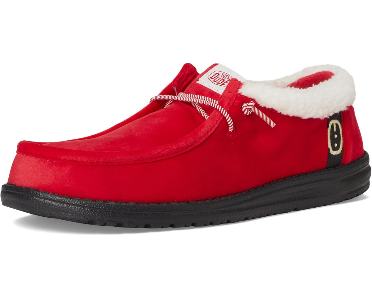 Men's red Hey Dude slip-on loafer with white faux-fur trim and Santa hat detail