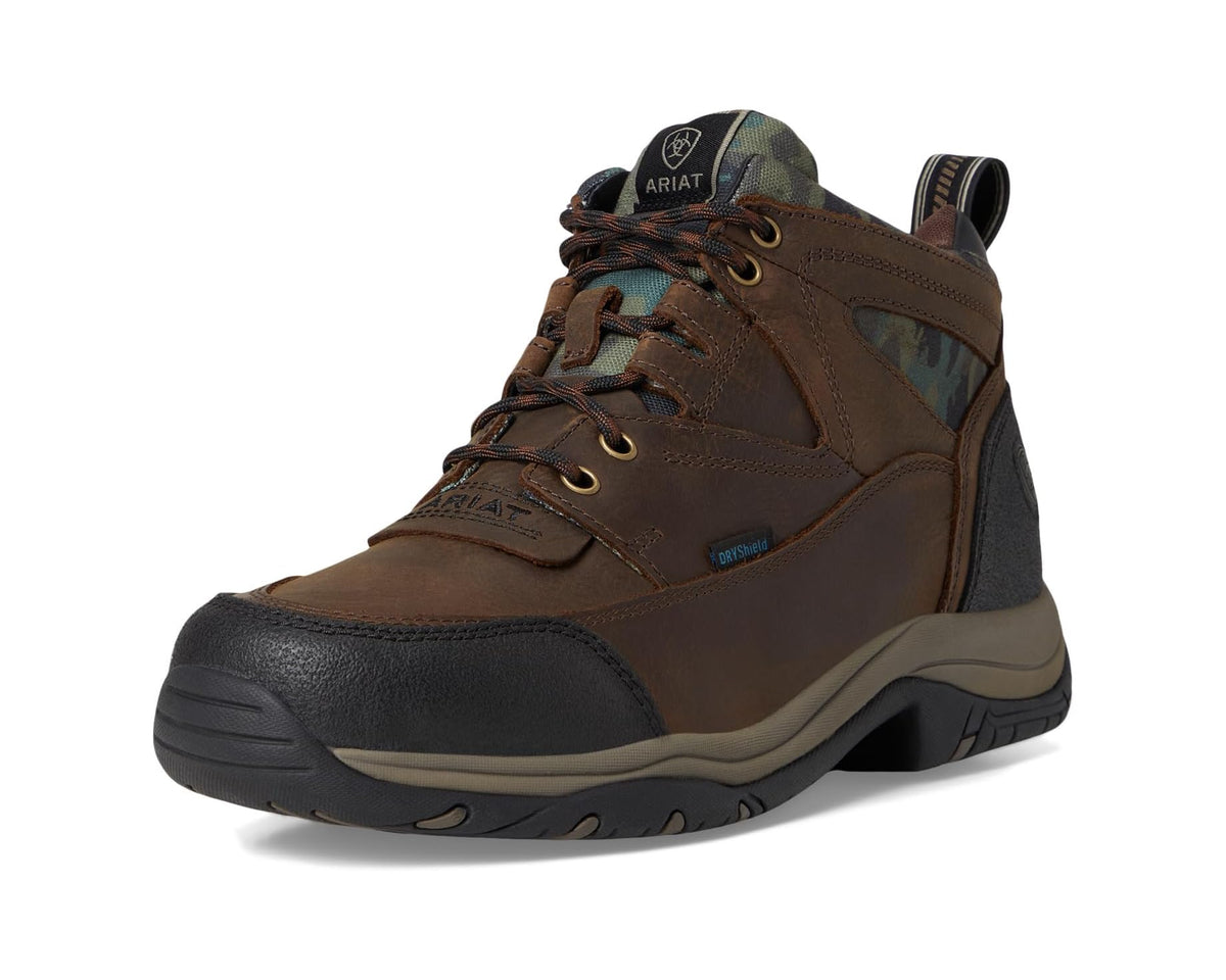 Men's waterproof lace-up boot in dark brown with camo collar and grippy rubber outsole