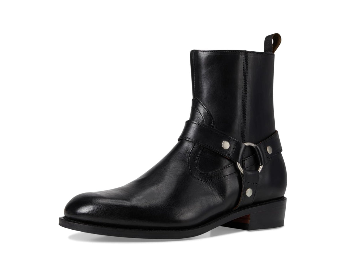 Black leather ankle boot with buckle strap and pull tab, front three-quarter view
