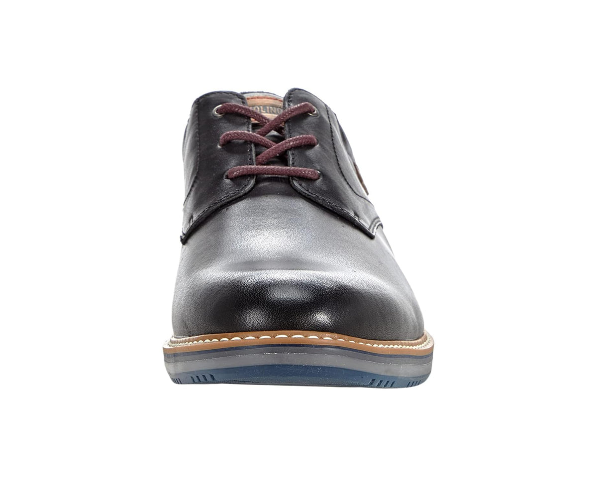 Men's PIKOLINOS black lace-up shoe front view with red laces and blue sole
