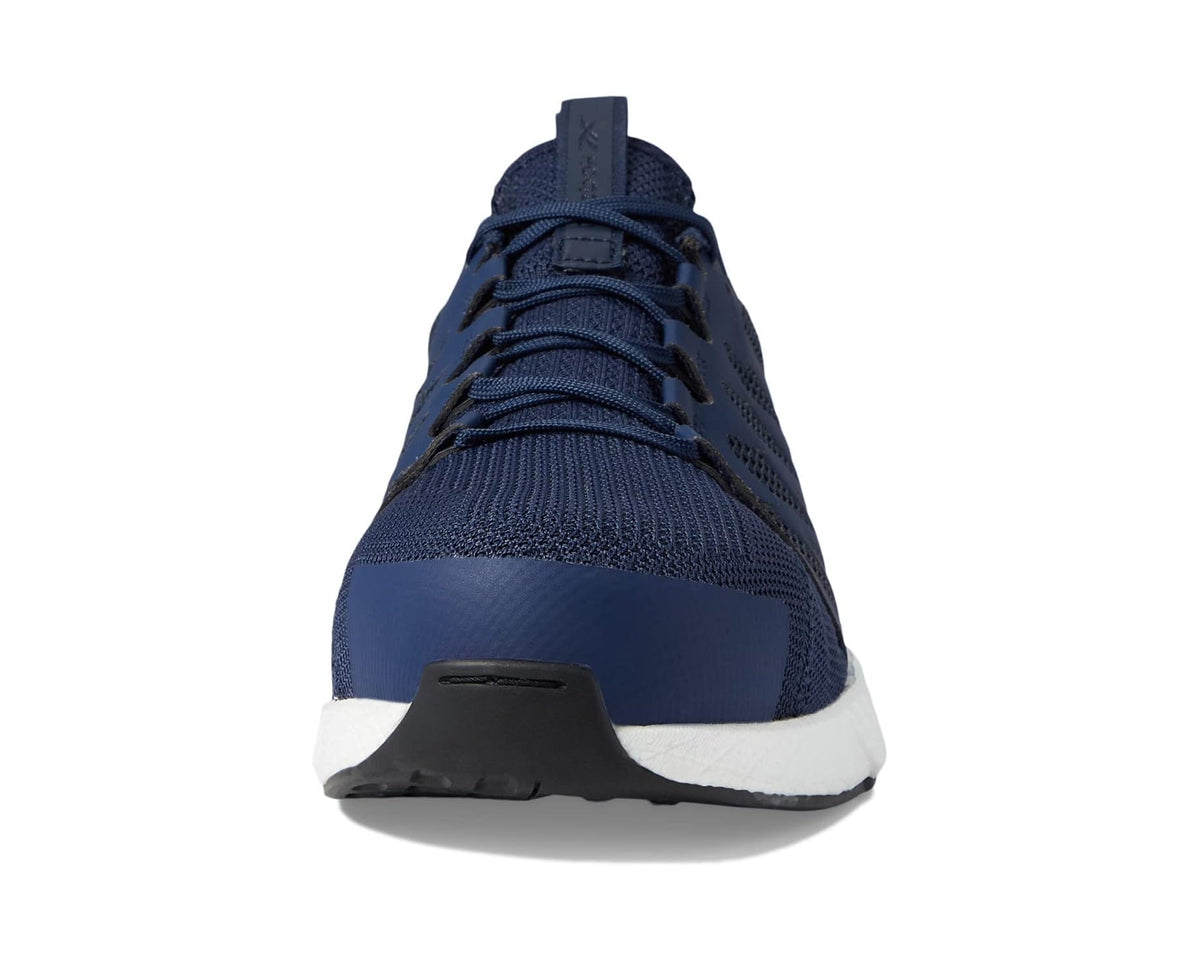Men's navy Reebok work shoe front view, cushioned knit upper and rubber sole