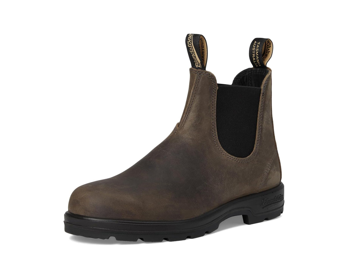 Unisex clay brown Chelsea boot side view with elastic gore and pull-on tabs