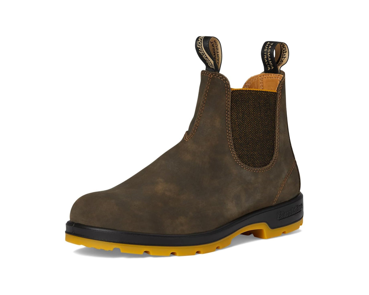 Blundstone unisex Chelsea boots with pull tabs, elastic sides, and yellow sole