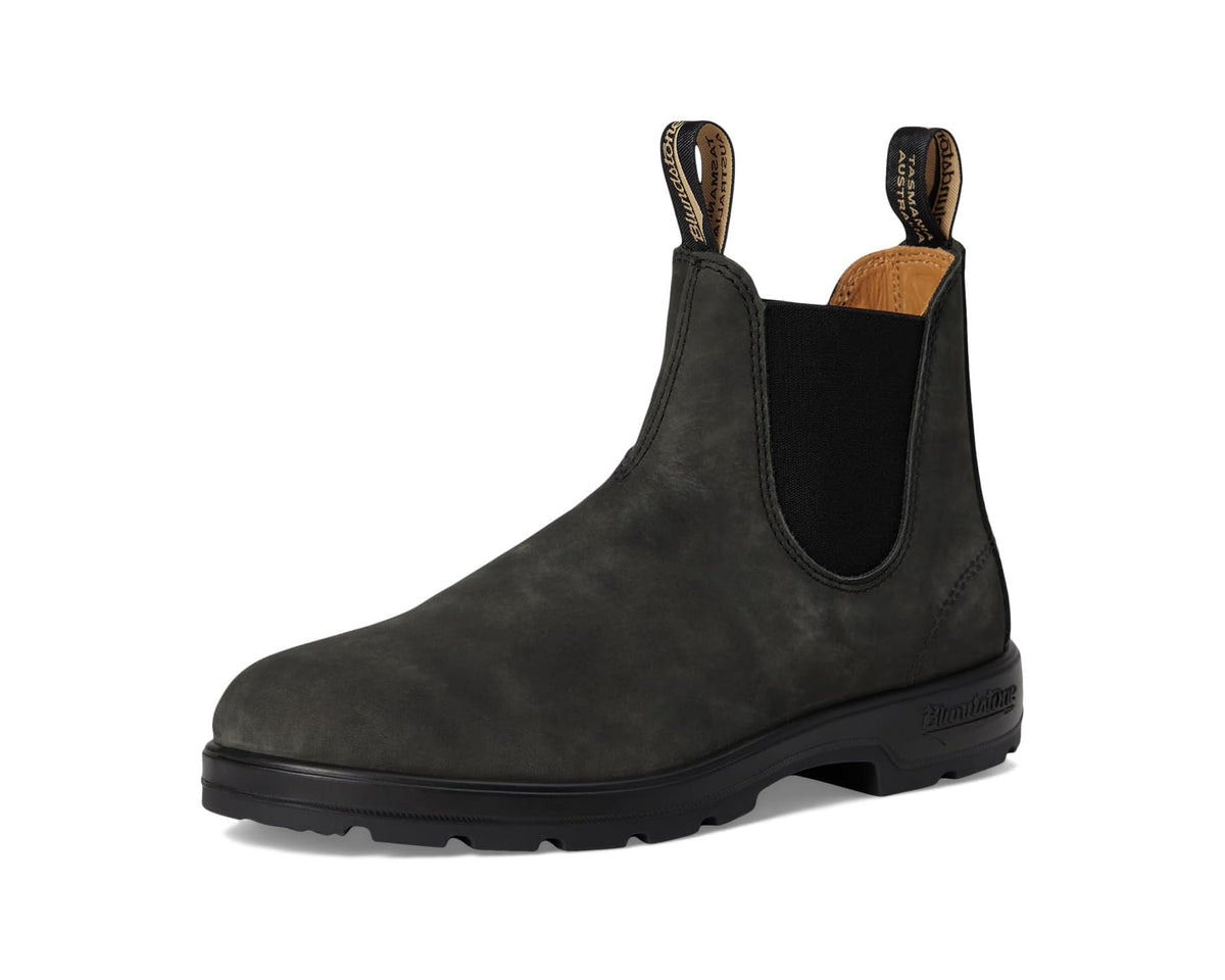 Rustic black suede Chelsea boot with elastic gore and pull tab accents