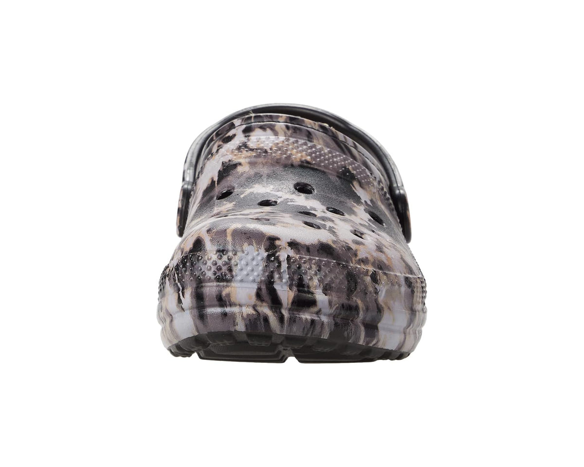 Crocs lined tie-dye clog front view, plush lining and black bleach speckle
