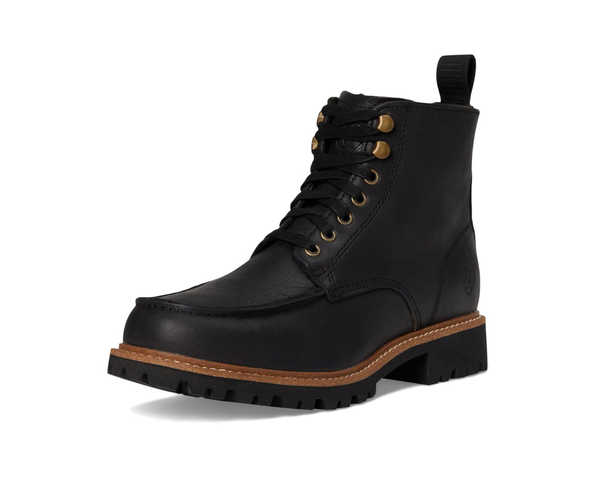Black leather western lace-up ankle boots with brown welt and high collar