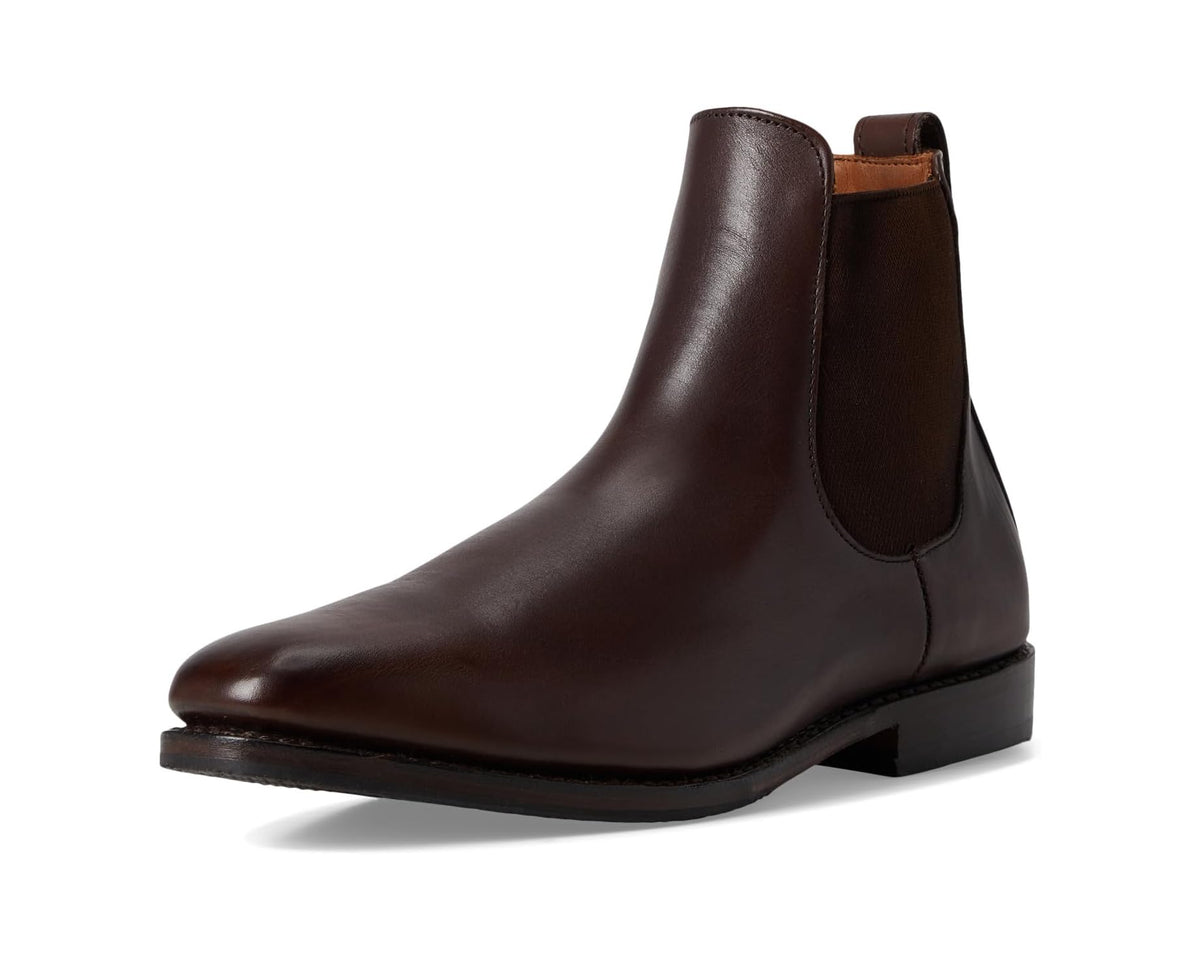 Side view of men's espresso leather Chelsea boot with elastic side gore