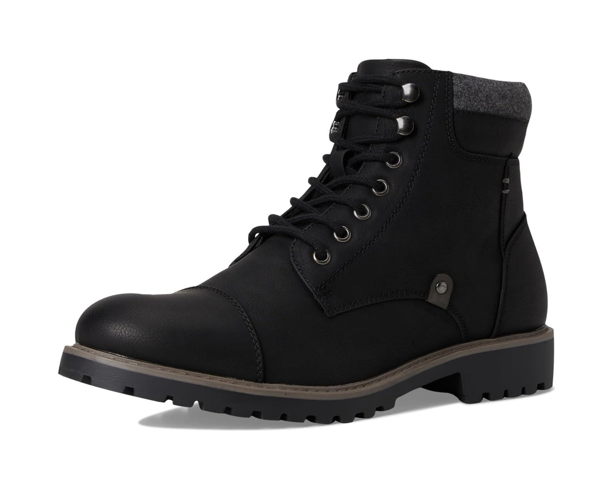 Black lace-up ankle boot with padded collar, side panel, and rugged tread sole