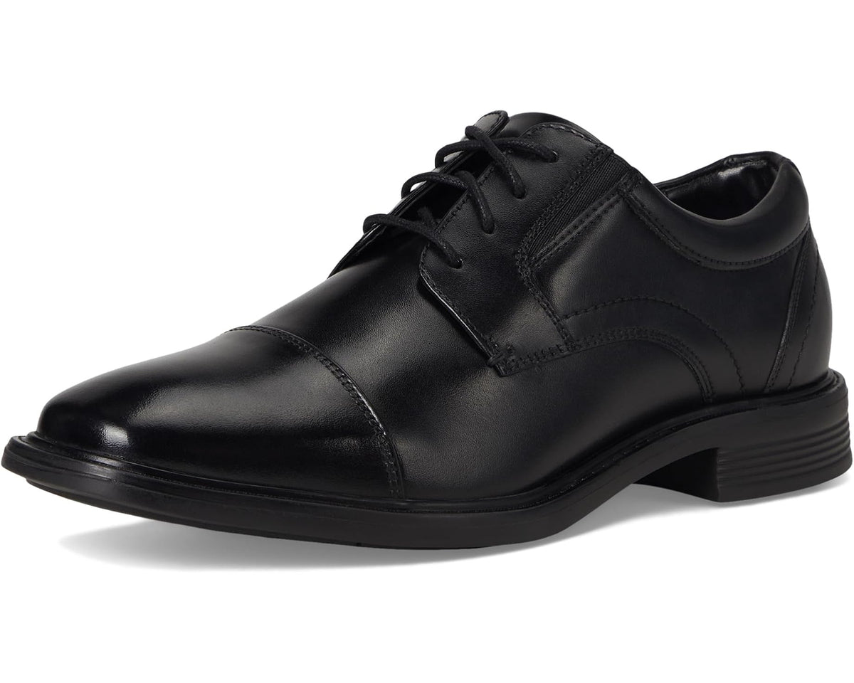 Men's black leather cap-toe derby shoe with lace-up front view