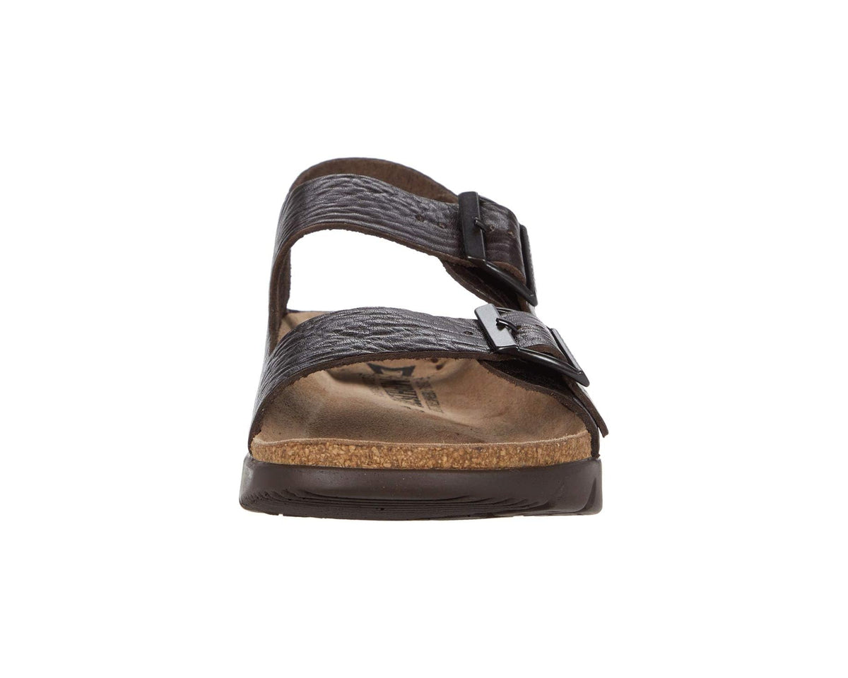 Men's Mephisto Zeus dark brown buffalo sandals top view with two-tone leather straps