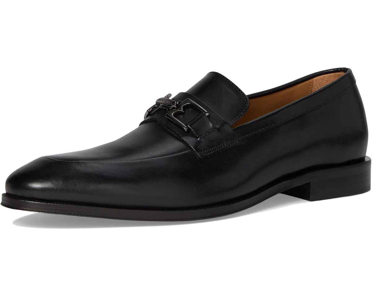 Men's black leather loafer with metal bit, front 3/4 view