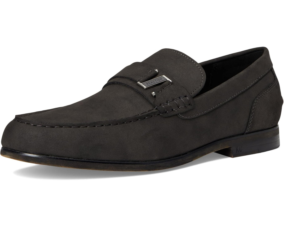 Dark grey suede belt loafer with buckle strap and stitched moc seams