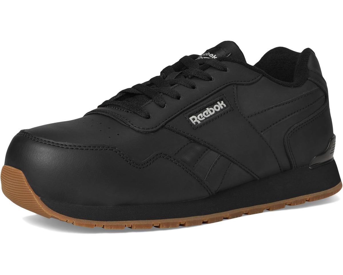 Black lace-up Reebok work shoe with gum rubber outsole and tread