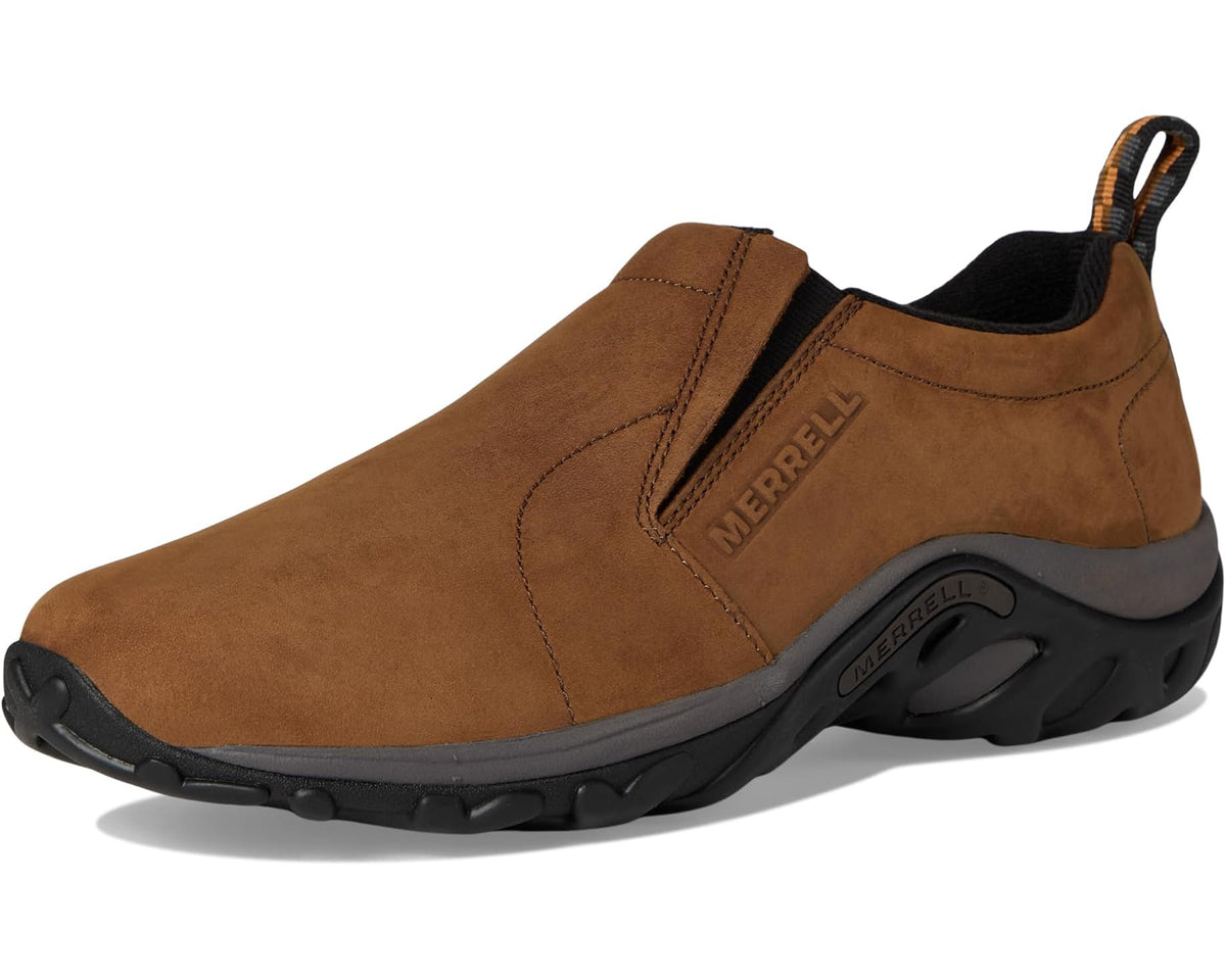 Men's Merrell Jungle Moc brown nubuck slip-on shoe with black rubber tread sole