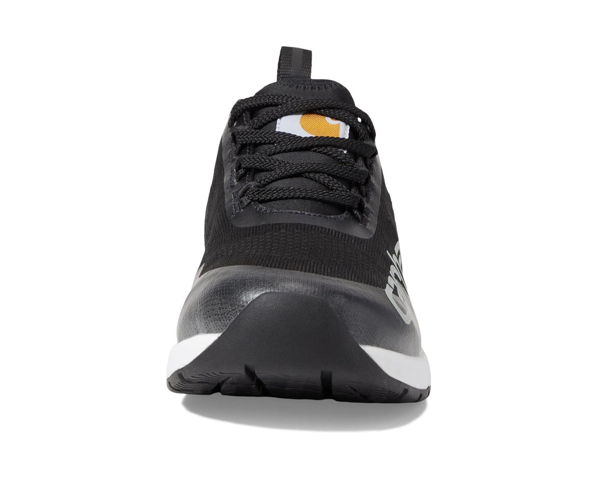 Black lace-up work shoe with orange-and-white eyelet accent and white sole