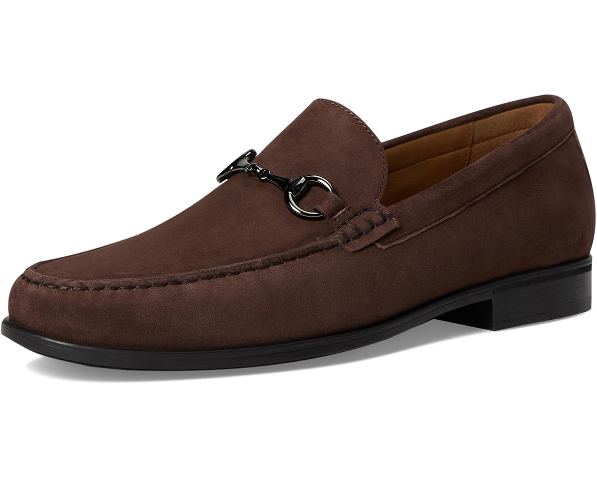 Dark brown suede loafer with metal bit detail, front three-quarter view