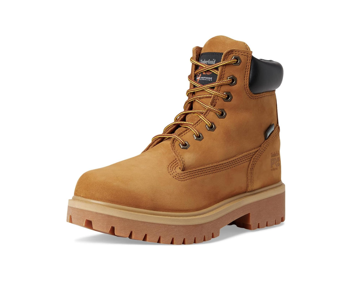 Wheat 6-inch leather steel-toe work boot, lace-up with black ankle collar