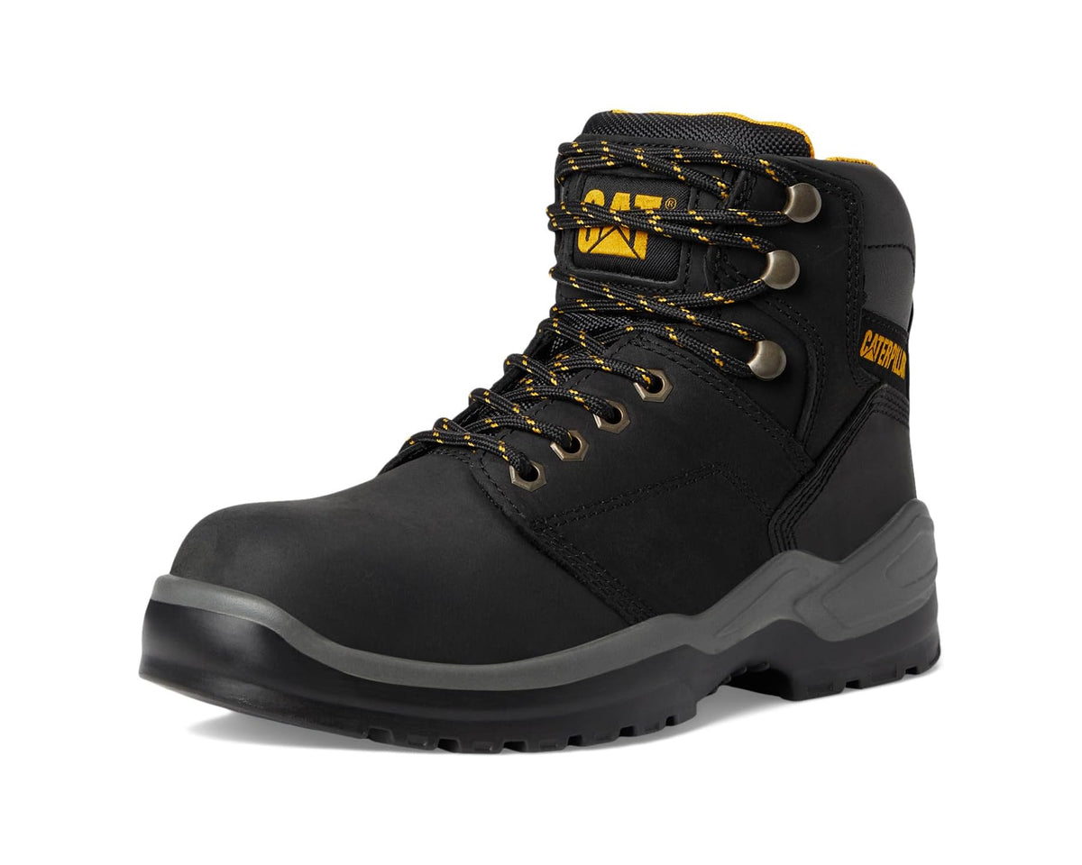 Men's black lace-up work boot with padded collar and yellow CATERPILLAR accents