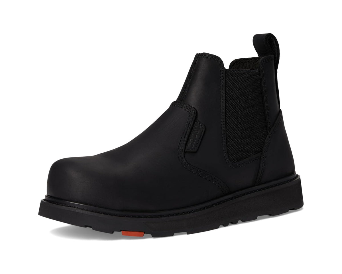 Men's BRUNT black comp-toe Chelsea boots with elastic sides and rugged tread sole.