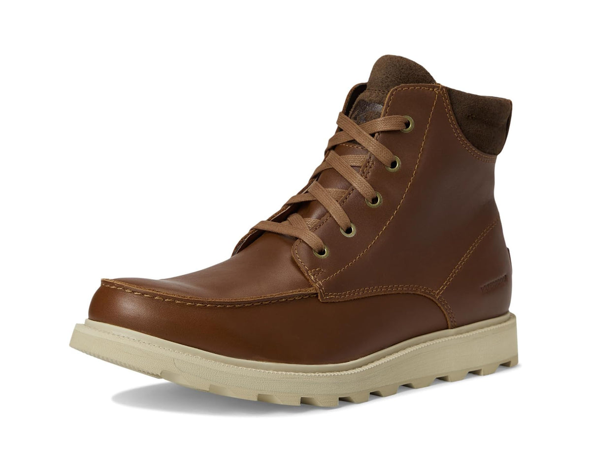 Men's waterproof moc-toe lace-up boots, brown upper with off-white rubber sole
