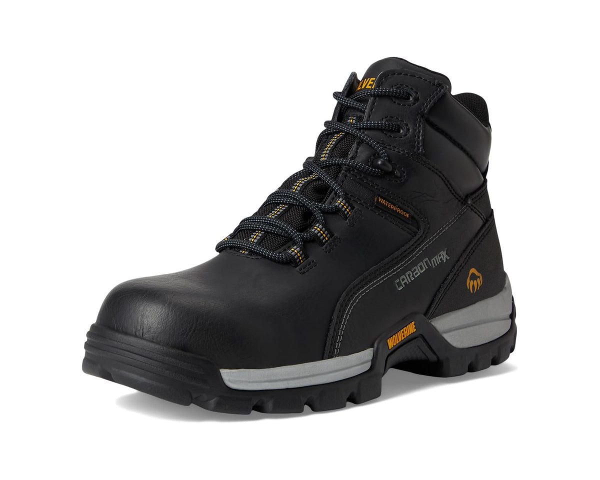 Black safety work boot angled view with lace-up top and protective composite toe