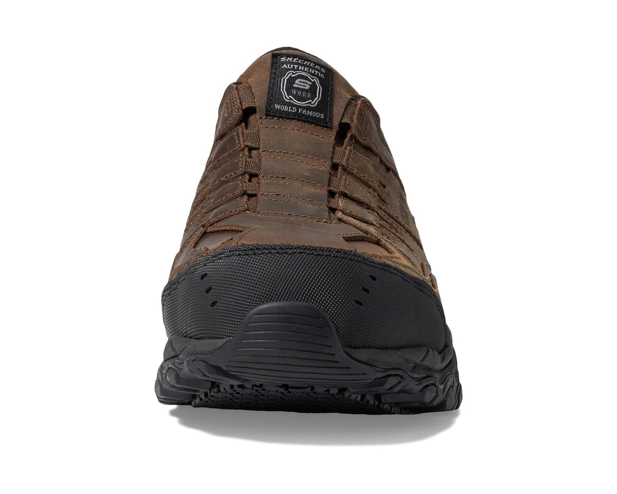 Men's brown work sneaker, rear view with SKECHERS Work logo and cushioned sole