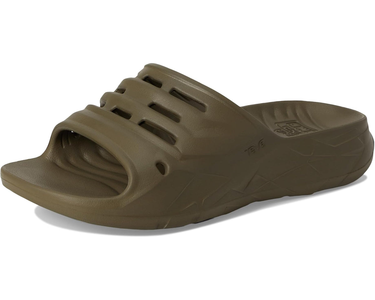 Dark olive slide sandal, angled view showing vented strap and contours