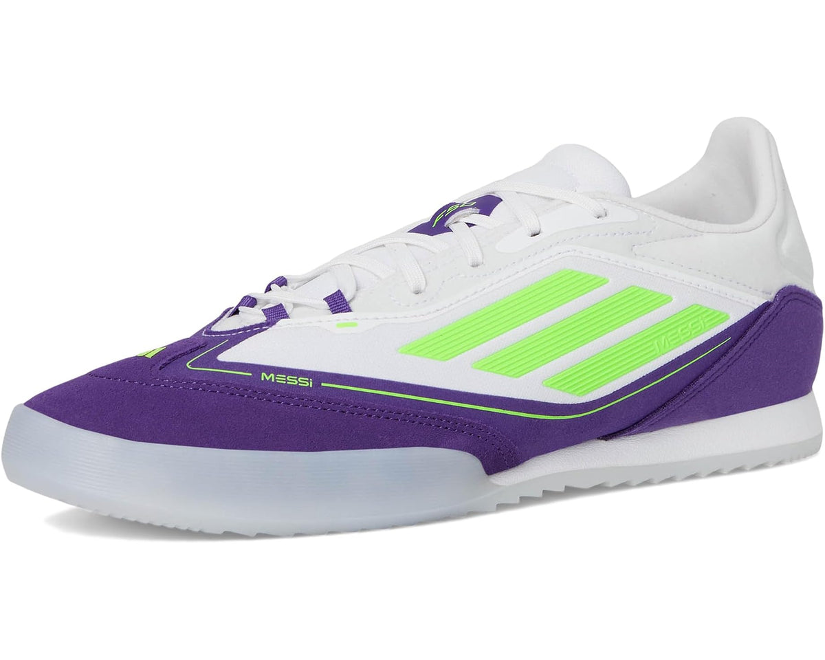 Front 3/4 view of white indoor soccer cleats with neon green stripes and purple sole