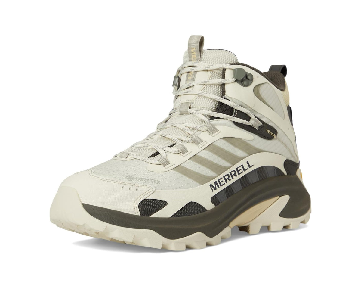 Men's light beige mid hiking boot front view, lace-up with Merrell logo on side