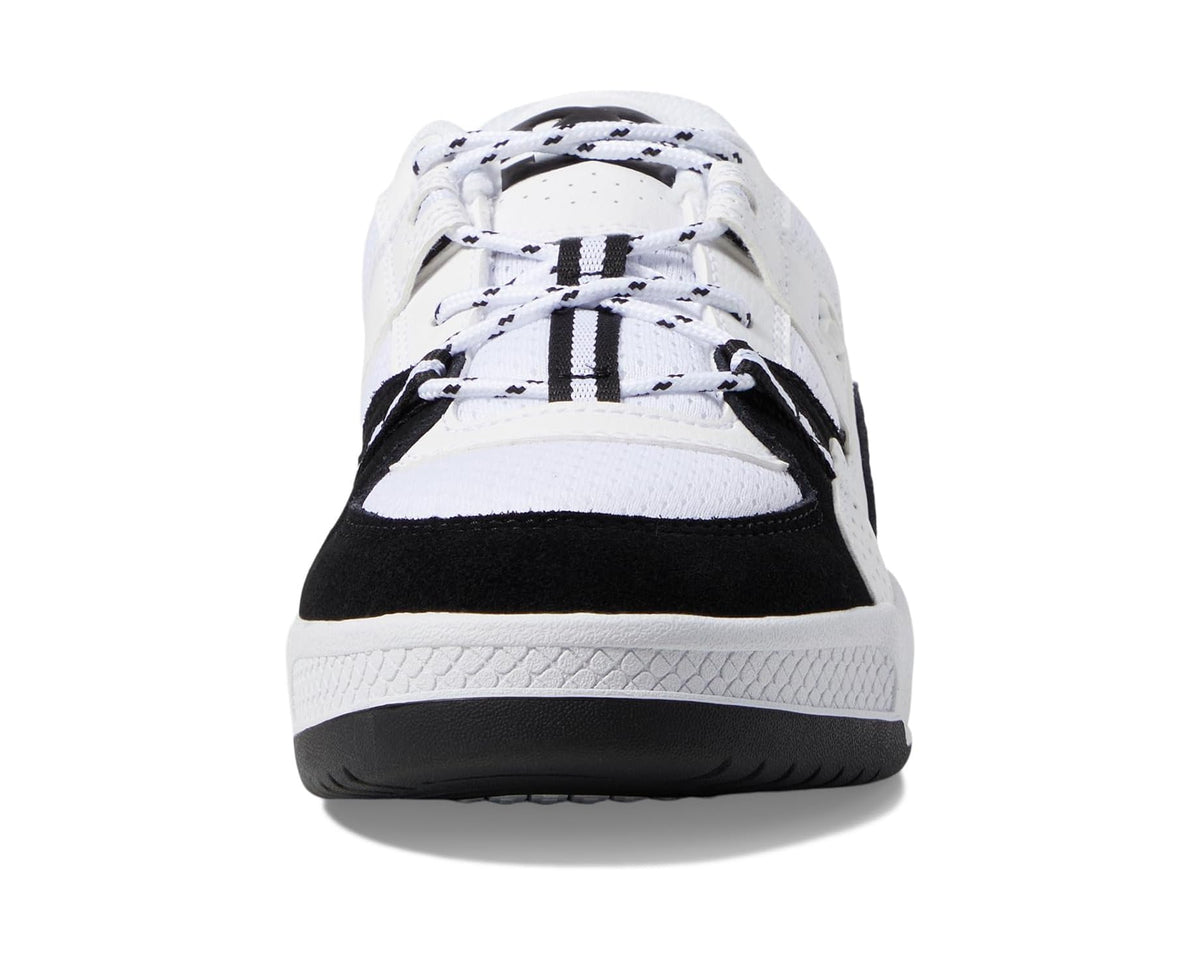 Men's low-top sneakers, front view in white with black accents and patterned laces