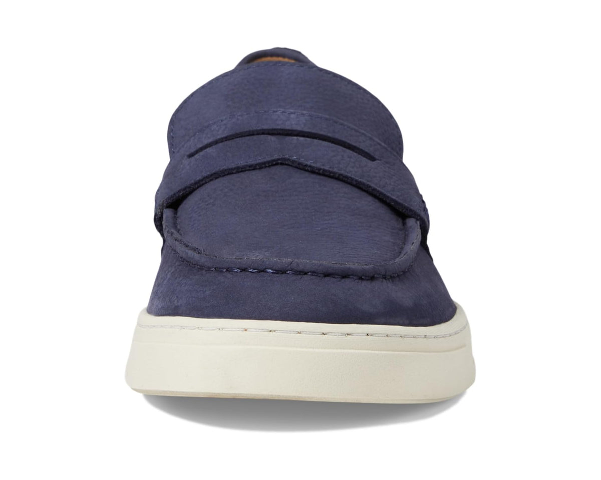Navy leather slip-on shoe back view with padded collar and white rubber sole