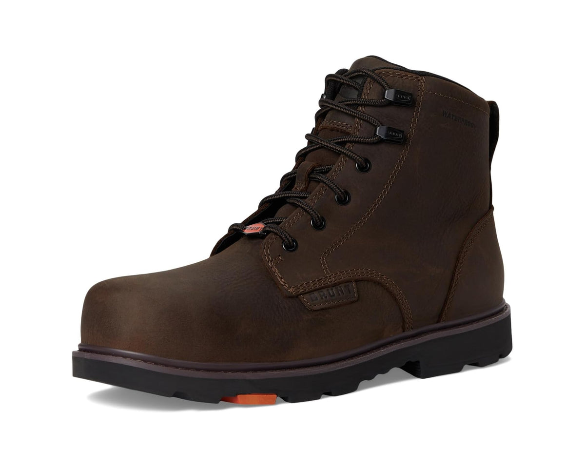 Brown lace-up comp-toe work boot with padded tongue and chunky treaded outsole