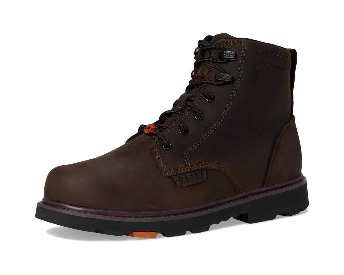 Men's brown lace-up work boot with orange outsole accents and soft toe