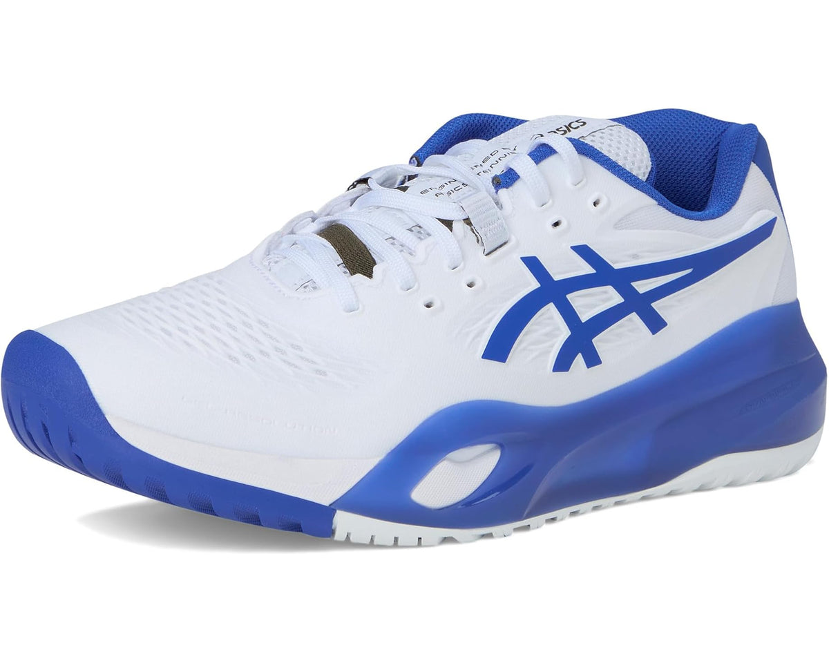 Men's ASICS Gel-Resolution X wide tennis shoe, three-quarter view in white and dark cobalt