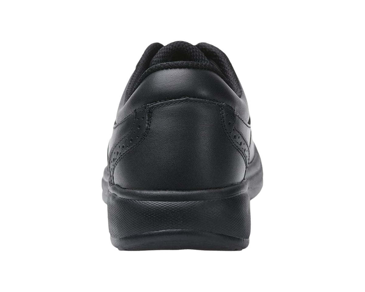 Black leather oxford shoe with padded collar and cushioned heel