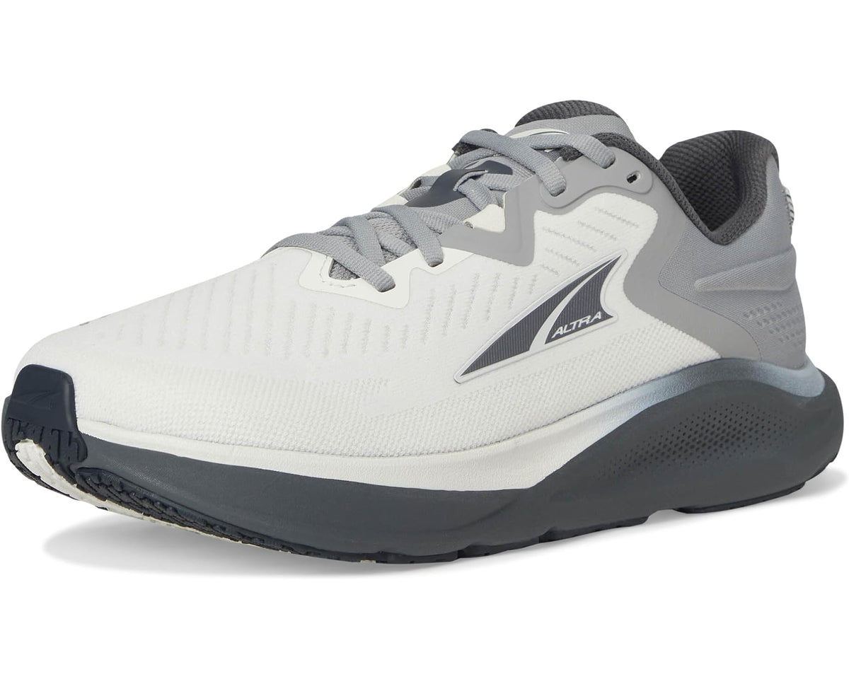 Men's light upper running shoe with gray accents, lace-up front, and thick rocker midsole