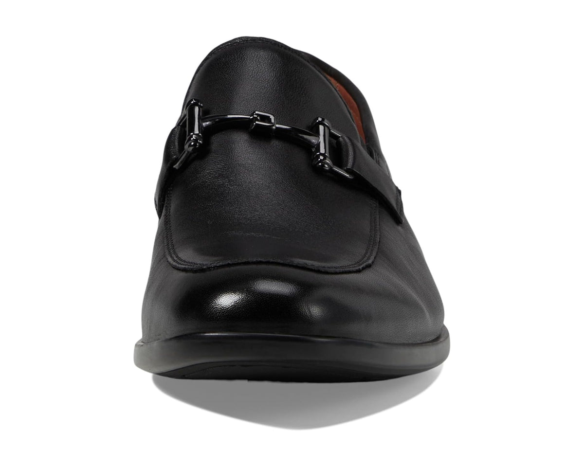 Black moc-toe bit loafer back with metal bit strap detail