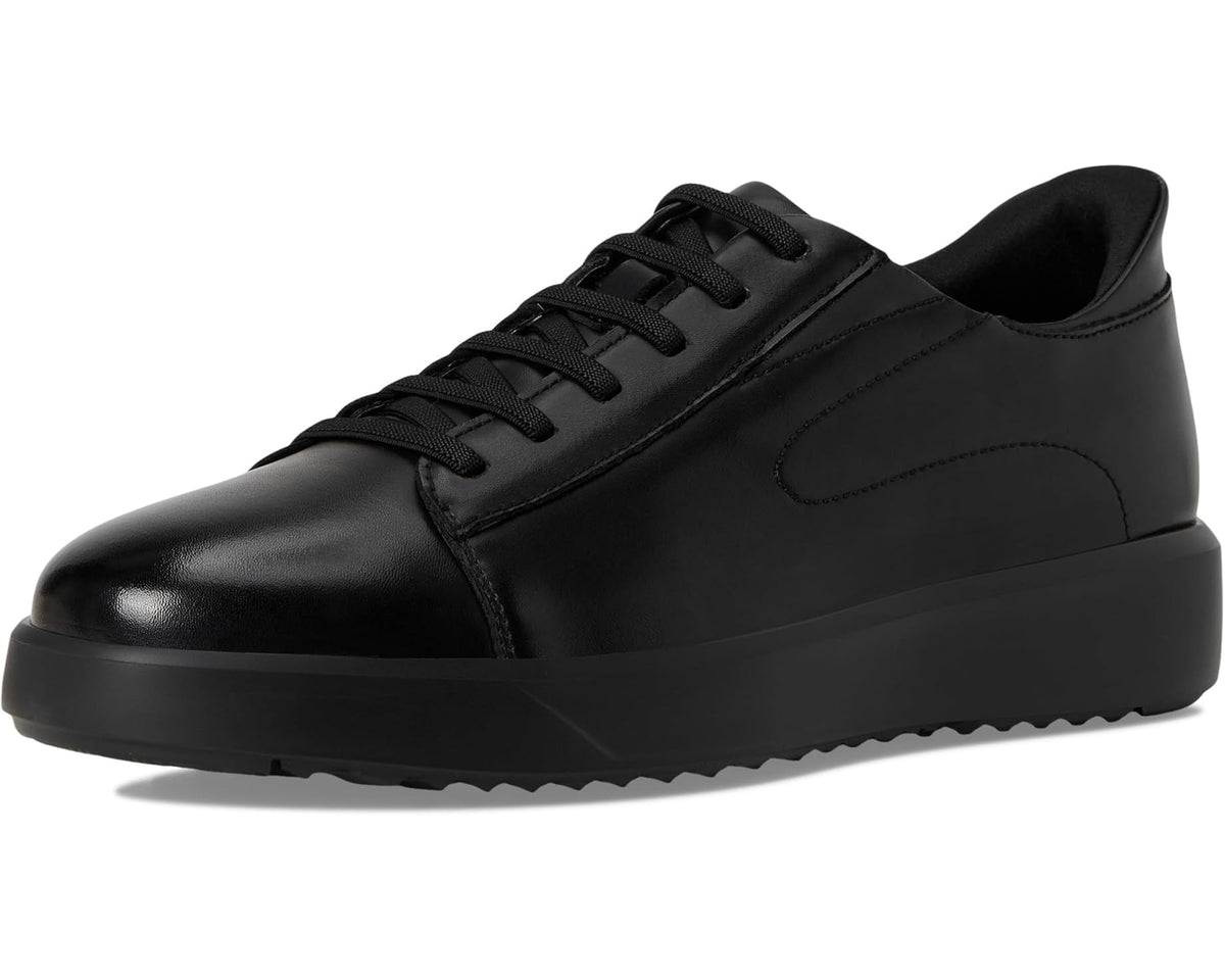 Black leather lace-up sneakers with rounded toe, cushioned collar, and thick sole