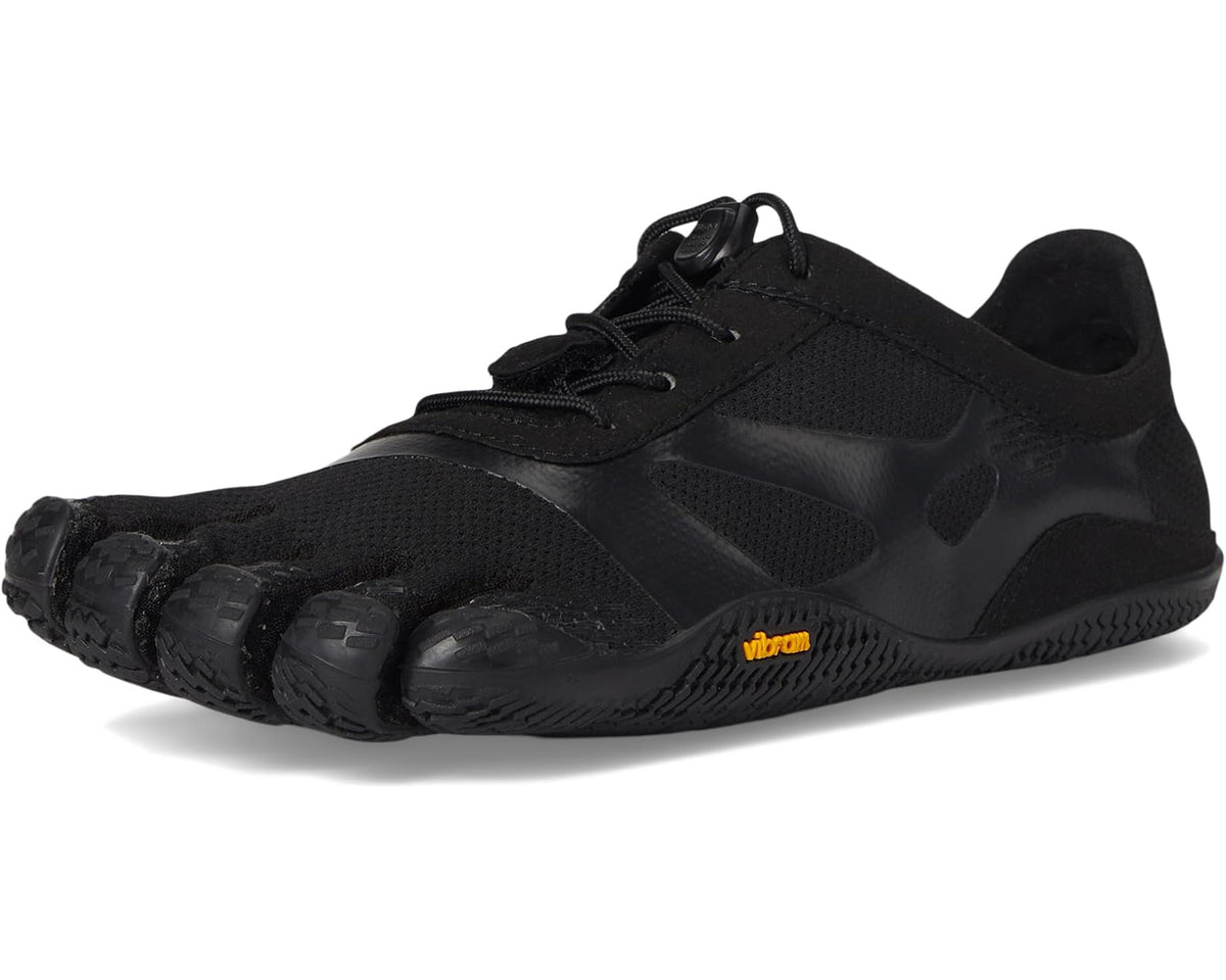 Black Vibram FiveFingers KSO EVO lace-up five-toe shoes, side profile view