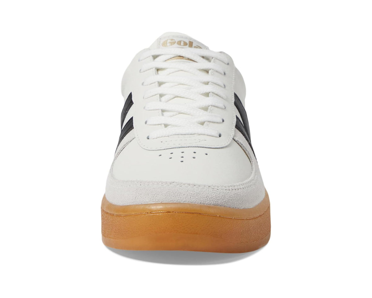 Low-top sneaker front view with white laces and black accent stripes