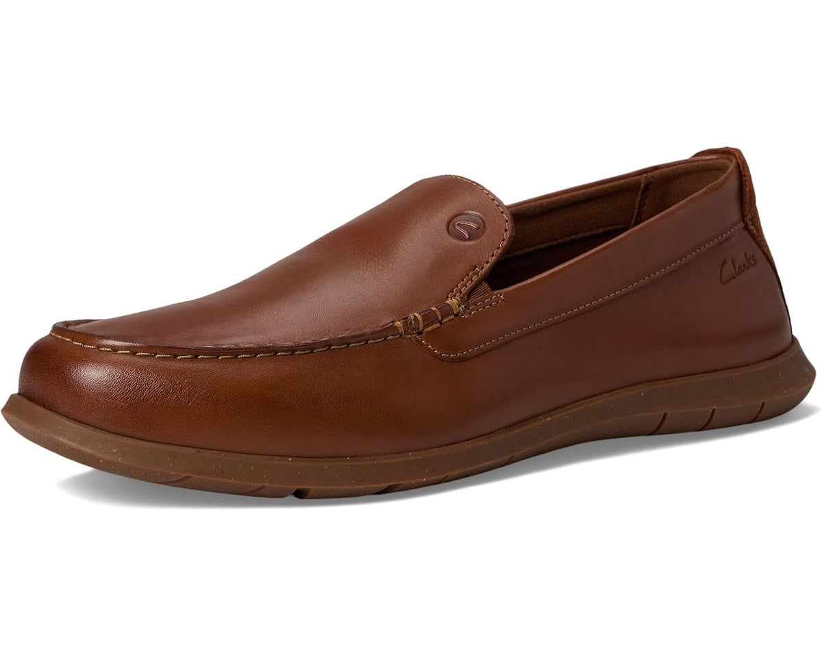 Men's tan leather slip-on loafer front view with moc stitching and round toe