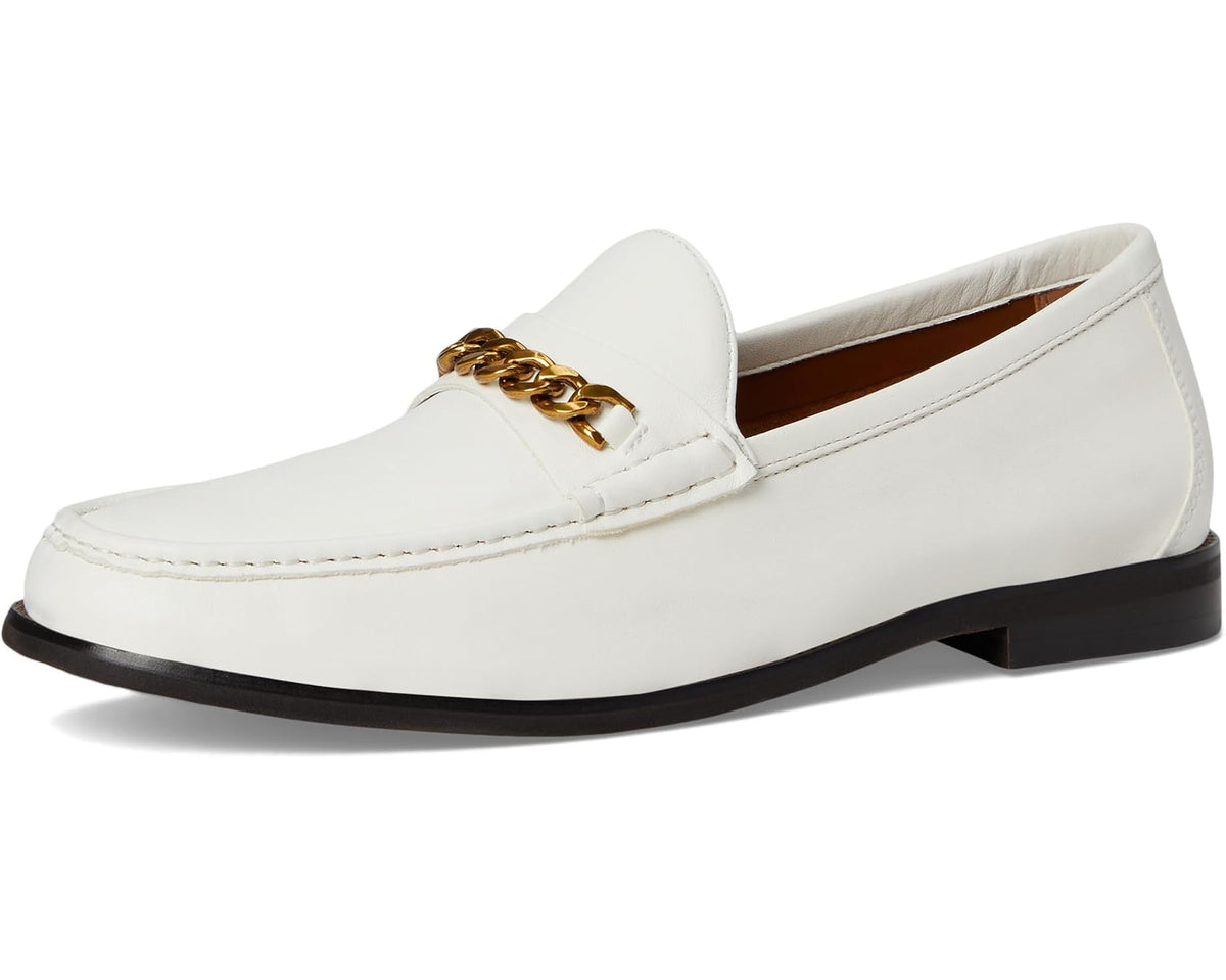 Steve Madden men's white leather loafer with gold chain and dark sole